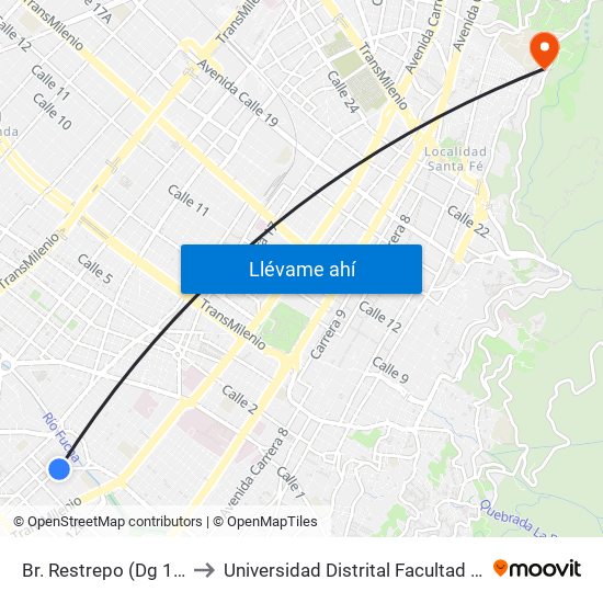 Br. Restrepo (Dg 12 Sur - Kr 17) to Universidad Distrital Facultad Del Medio Ambiente map