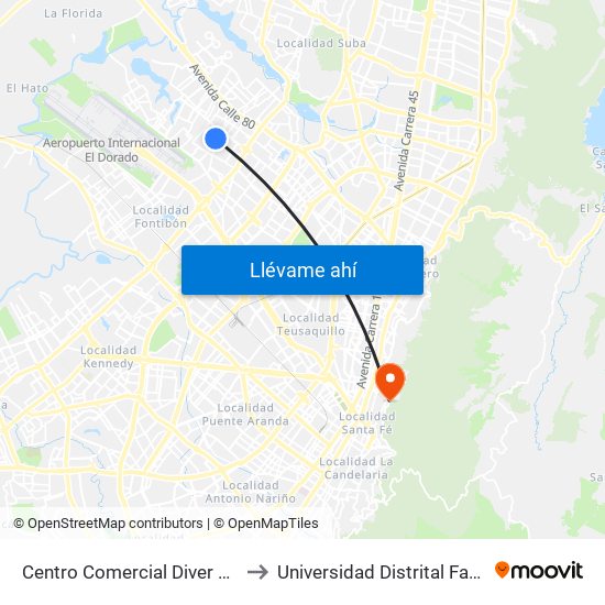 Centro Comercial Diver Plaza Álamos (Ak 96 - Cl 70) to Universidad Distrital Facultad Del Medio Ambiente map