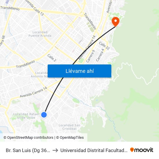 Br. San Luis (Dg 36b Sur - Kr 10a) to Universidad Distrital Facultad Del Medio Ambiente map