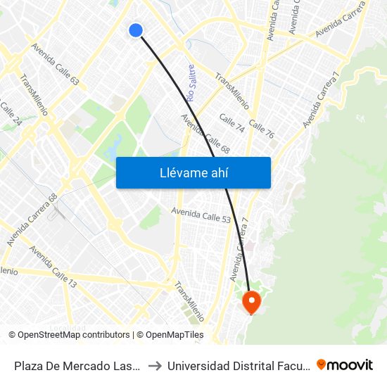 Plaza De Mercado Las Ferias (Ak 70 - Cl 73a) to Universidad Distrital Facultad Del Medio Ambiente map