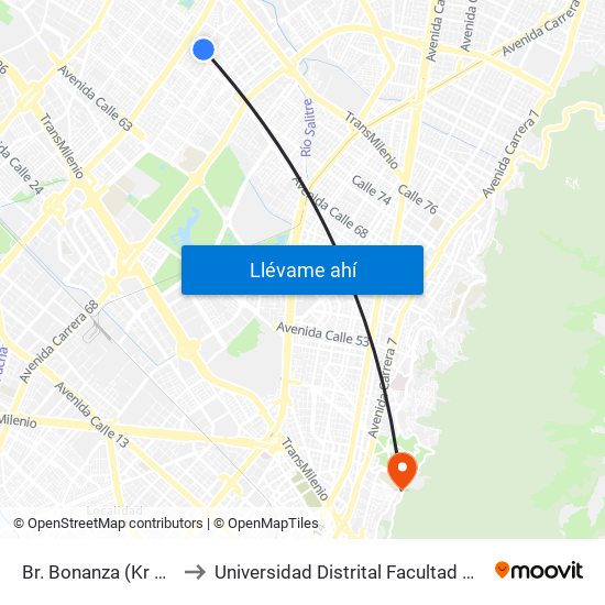 Br. Bonanza (Kr 70f - Kr 72a) to Universidad Distrital Facultad Del Medio Ambiente map