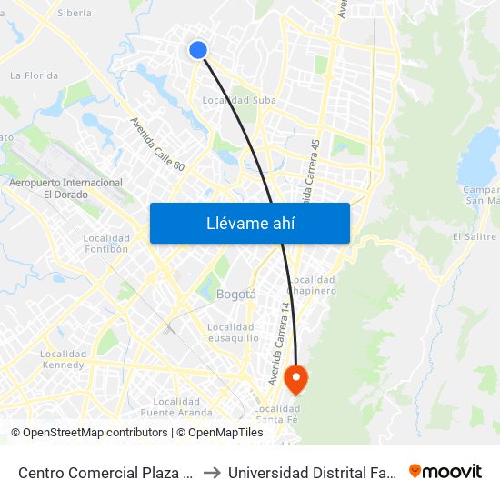 Centro Comercial Plaza Imperial (Av. Suba - Kr 107) to Universidad Distrital Facultad Del Medio Ambiente map