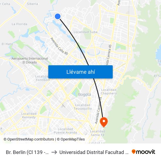 Br. Berlín (Cl 139 - Kr 140b Bis) to Universidad Distrital Facultad Del Medio Ambiente map