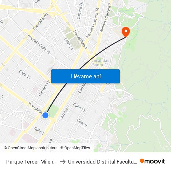 Parque Tercer Milenio (Ac 6 - Kr 12a) to Universidad Distrital Facultad Del Medio Ambiente map