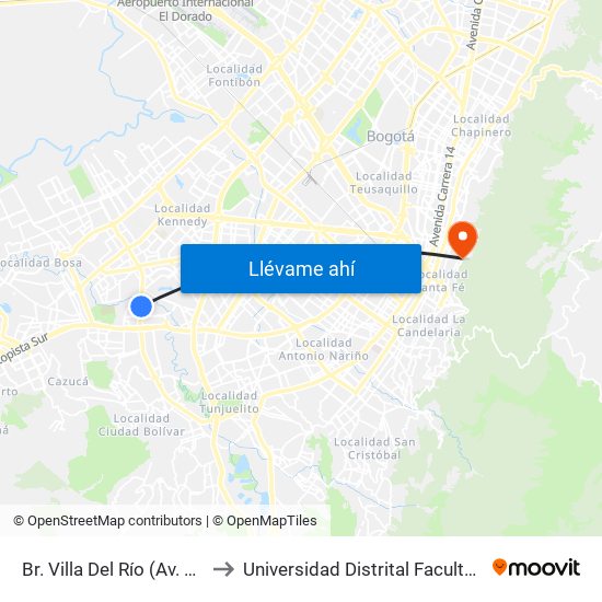 Br. Villa Del Río (Av. V/cio - Cl 54b Sur) to Universidad Distrital Facultad Del Medio Ambiente map