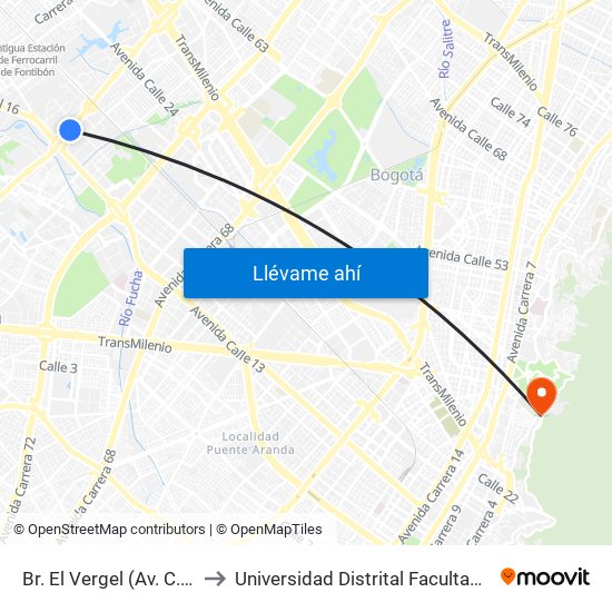 Br. El Vergel (Av. C. De Cali - Cl 18) to Universidad Distrital Facultad Del Medio Ambiente map