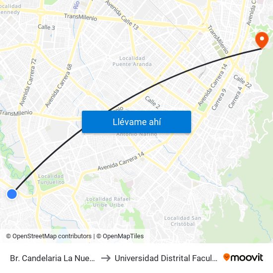 Br. Candelaria La Nueva (Cl 64 Sur - Kr 23) to Universidad Distrital Facultad Del Medio Ambiente map