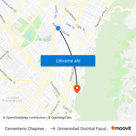 Cementerio Chapinero (Ac 68 - Kr 28b) (A) to Universidad Distrital Facultad Del Medio Ambiente map