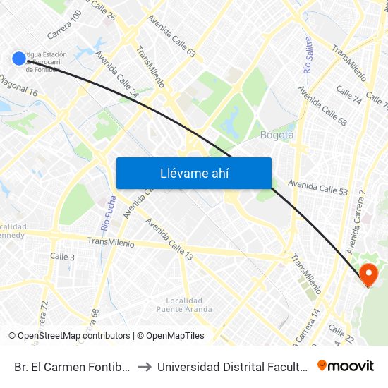 Br. El Carmen Fontibón (Cl 17 - Kr 100) to Universidad Distrital Facultad Del Medio Ambiente map