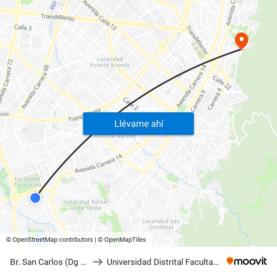 Br. San Carlos (Dg 51 Sur - Kr 18c) to Universidad Distrital Facultad Del Medio Ambiente map