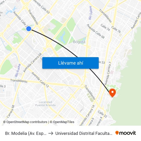 Br. Modelia (Av. Esperanza - Kr 72b) to Universidad Distrital Facultad Del Medio Ambiente map