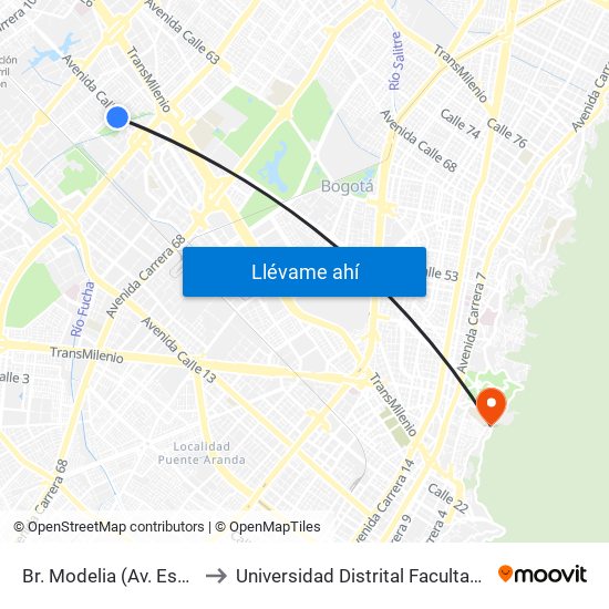 Br. Modelia (Av. Esperanza - Kr 74) to Universidad Distrital Facultad Del Medio Ambiente map