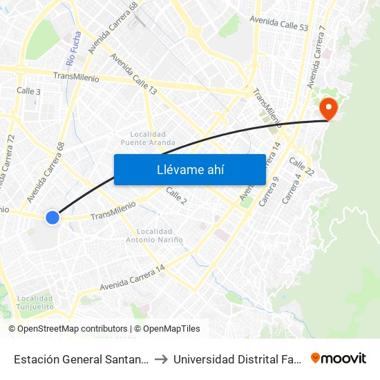 Estación General Santander (Auto Sur - Kr 50 Bis A) to Universidad Distrital Facultad Del Medio Ambiente map