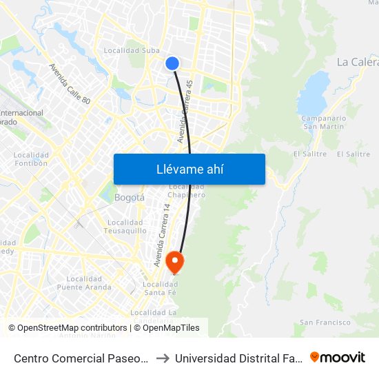 Centro Comercial Paseo San Rafael (Ac 134 - Kr 55a) to Universidad Distrital Facultad Del Medio Ambiente map