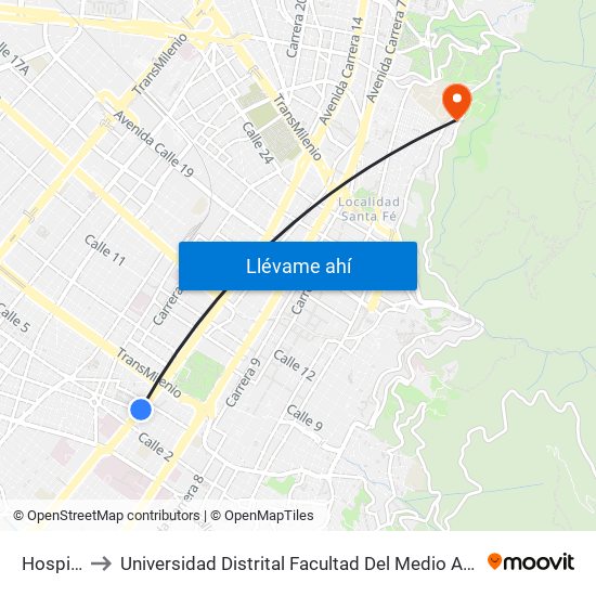 Hospital to Universidad Distrital Facultad Del Medio Ambiente map