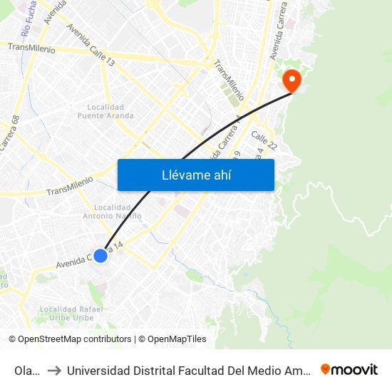 Olaya to Universidad Distrital Facultad Del Medio Ambiente map