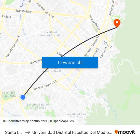 Santa Lucía to Universidad Distrital Facultad Del Medio Ambiente map