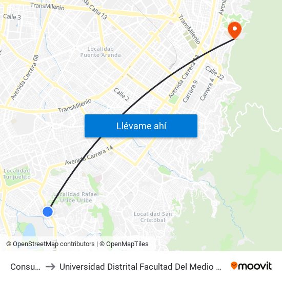 Consuelo to Universidad Distrital Facultad Del Medio Ambiente map