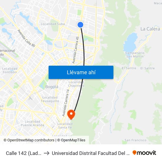 Calle 142 (Lado Norte) to Universidad Distrital Facultad Del Medio Ambiente map