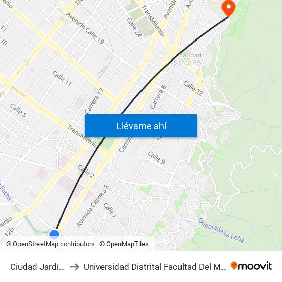 Ciudad Jardín - Uan to Universidad Distrital Facultad Del Medio Ambiente map