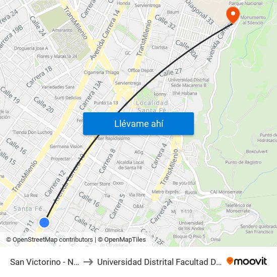 San Victorino - Neos Centro to Universidad Distrital Facultad Del Medio Ambiente map