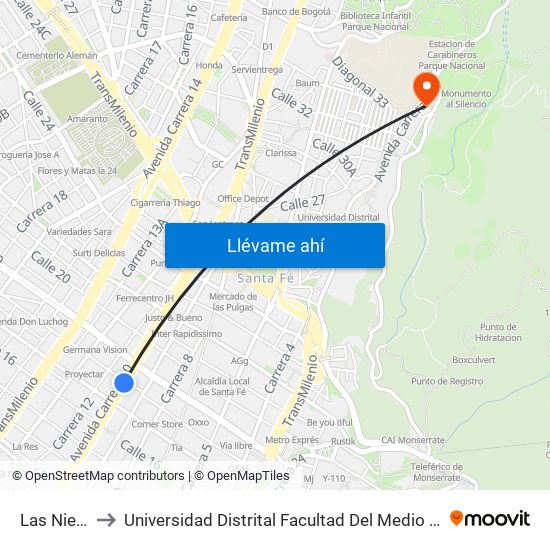 Las Nieves to Universidad Distrital Facultad Del Medio Ambiente map