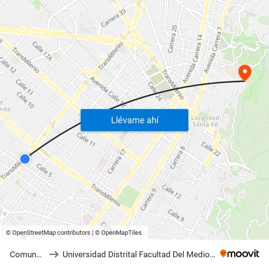 Comuneros to Universidad Distrital Facultad Del Medio Ambiente map
