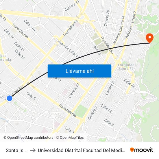 Santa Isabel to Universidad Distrital Facultad Del Medio Ambiente map