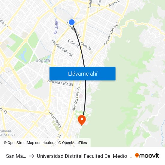 San Martín to Universidad Distrital Facultad Del Medio Ambiente map