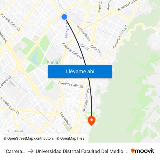 Carrera 53 to Universidad Distrital Facultad Del Medio Ambiente map