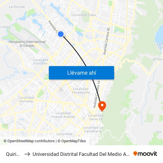Quirigua to Universidad Distrital Facultad Del Medio Ambiente map