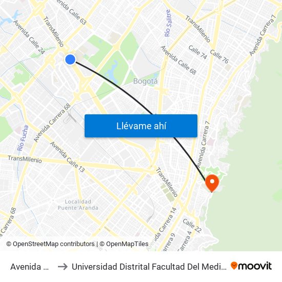 Avenida Rojas to Universidad Distrital Facultad Del Medio Ambiente map