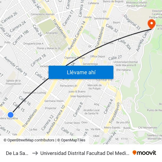 De La Sabana to Universidad Distrital Facultad Del Medio Ambiente map