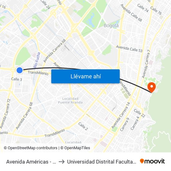 Avenida Américas - Avenida Boyacá to Universidad Distrital Facultad Del Medio Ambiente map