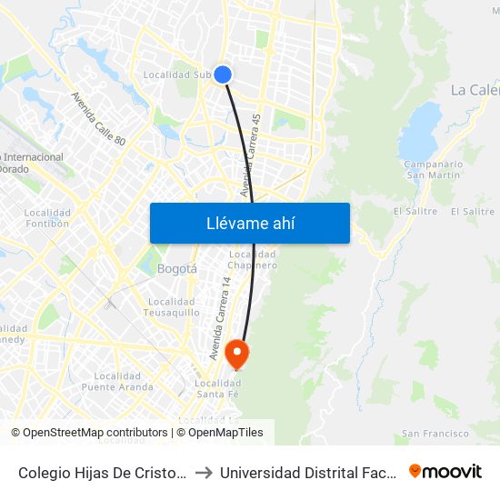 Colegio Hijas De Cristo Rey (Ac 138 - Av. Villas) to Universidad Distrital Facultad Del Medio Ambiente map