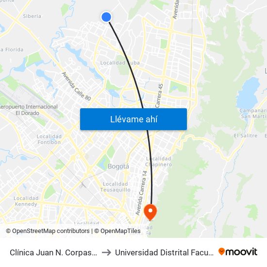 Clínica Juan N. Corpas (Av. Corpas - Cl 159a) to Universidad Distrital Facultad Del Medio Ambiente map