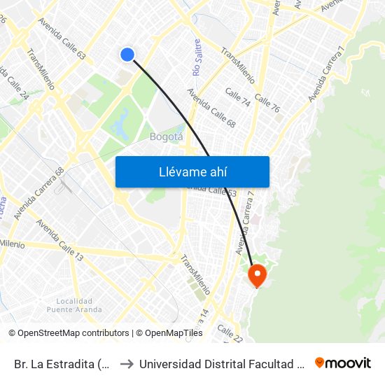 Br. La Estradita (Kr 69 - Cl 65) to Universidad Distrital Facultad Del Medio Ambiente map