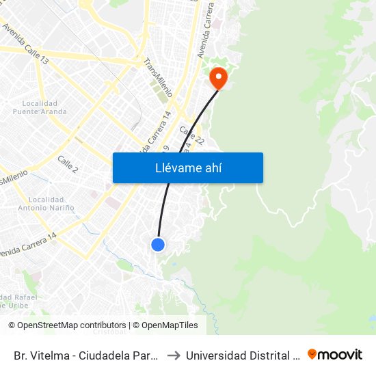 Br. Vitelma - Ciudadela Parque De La Roca (Cl 3 Sur - Kr 4a Este) to Universidad Distrital Facultad Del Medio Ambiente map