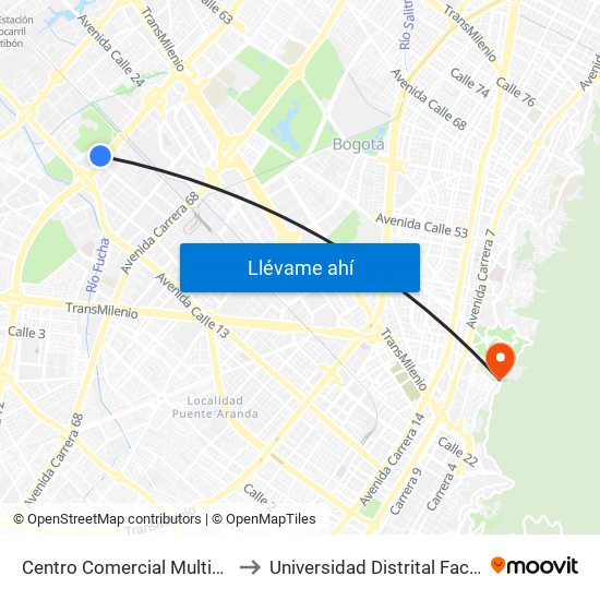 Centro Comercial Multiplaza (Cl 19a - Av. Boyacá) to Universidad Distrital Facultad Del Medio Ambiente map
