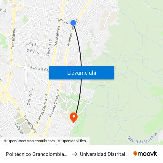 Politécnico Grancolombiano City Campus  - Calle 61 - Carrera 9 to Universidad Distrital Facultad Del Medio Ambiente map