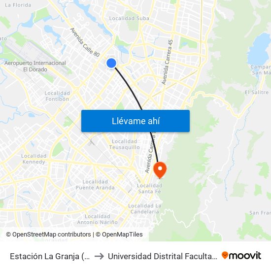 Estación La Granja (Cl 79 - Kr 77 Bis) to Universidad Distrital Facultad Del Medio Ambiente map