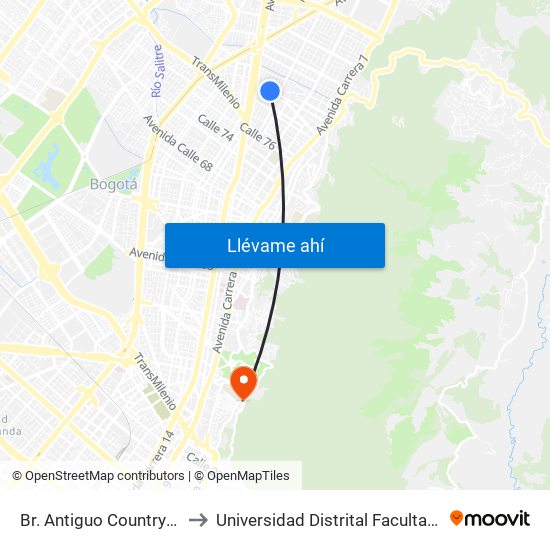 Br. Antiguo Country (Ac 85 - Kr 16a) to Universidad Distrital Facultad Del Medio Ambiente map