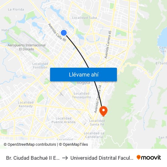 Br. Ciudad Bachué II Etapa (Cl 83 - Kr 95d) to Universidad Distrital Facultad Del Medio Ambiente map