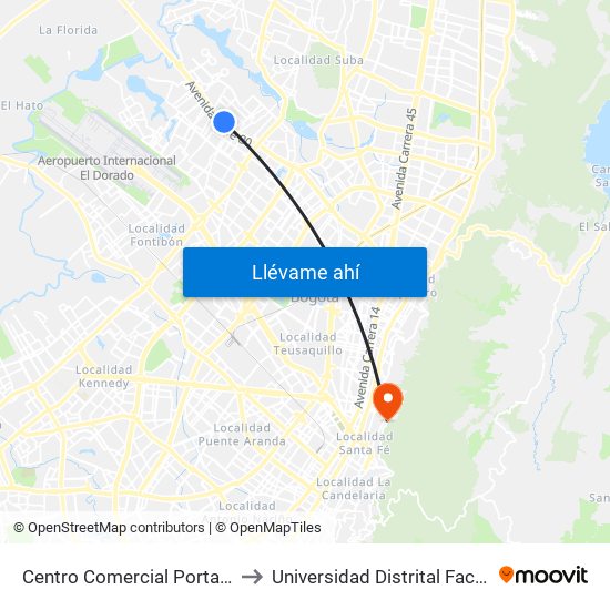 Centro Comercial Portal De La 80 (Ac 80 - Kr 99) to Universidad Distrital Facultad Del Medio Ambiente map