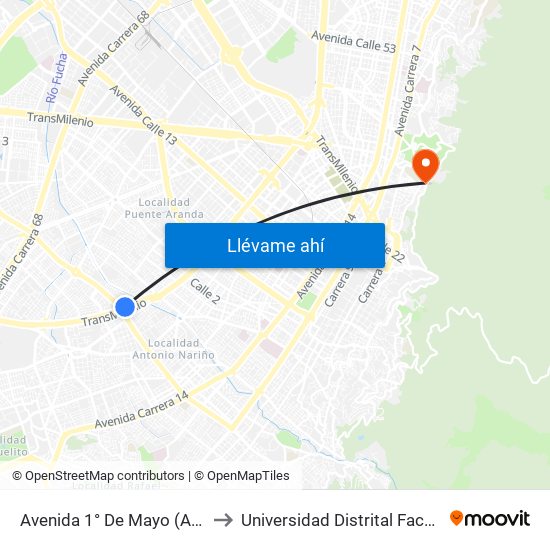 Avenida 1° De Mayo (Auto Sur - Av. 1 De Mayo) to Universidad Distrital Facultad Del Medio Ambiente map