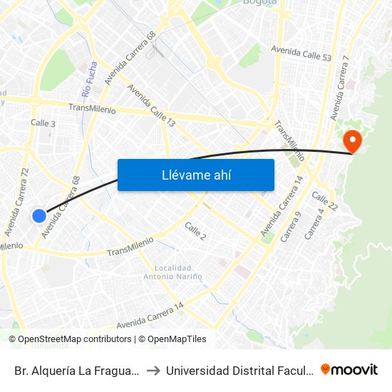 Br. Alquería La Fragua (Kr 68d - Cl 38a Sur) to Universidad Distrital Facultad Del Medio Ambiente map