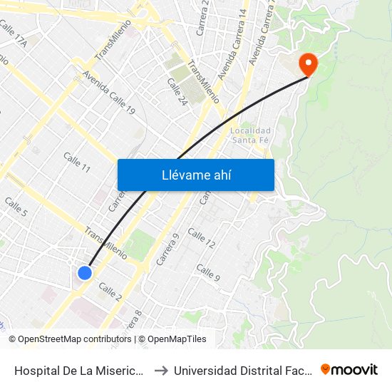 Hospital De La Misericordia (Dg 2 - Av. Caracas) to Universidad Distrital Facultad Del Medio Ambiente map