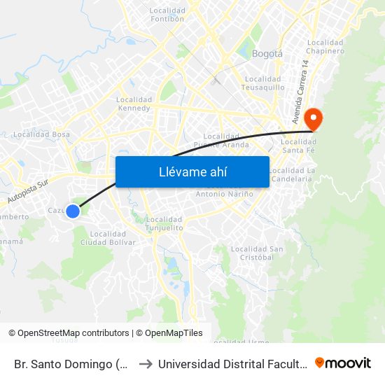 Br. Santo Domingo (Cl 68b Sur - Kr 77b) to Universidad Distrital Facultad Del Medio Ambiente map