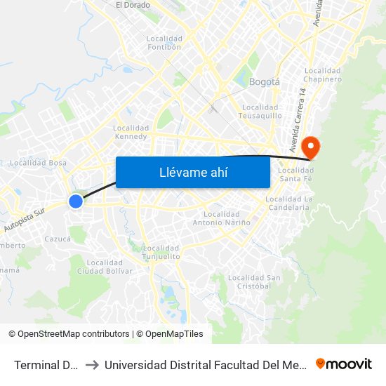 Terminal Del Sur to Universidad Distrital Facultad Del Medio Ambiente map