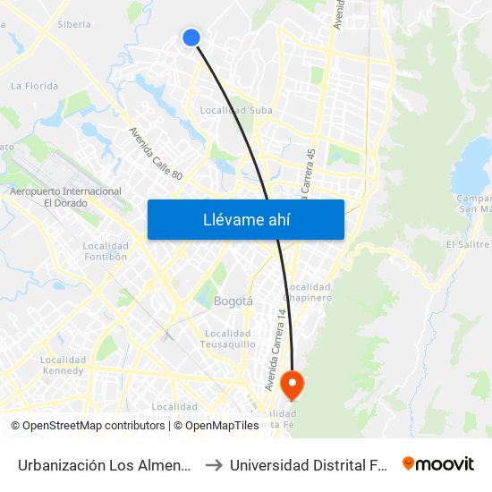 Urbanización Los Almendros Norte (Cl 152b - Kr 114d) to Universidad Distrital Facultad Del Medio Ambiente map